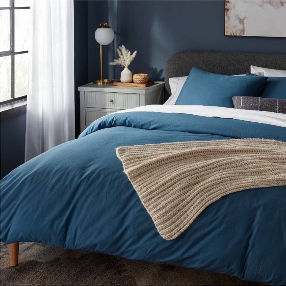 THRESHOLD NWT washed cotton sateen diver cover & sham set -indigo -full/queen